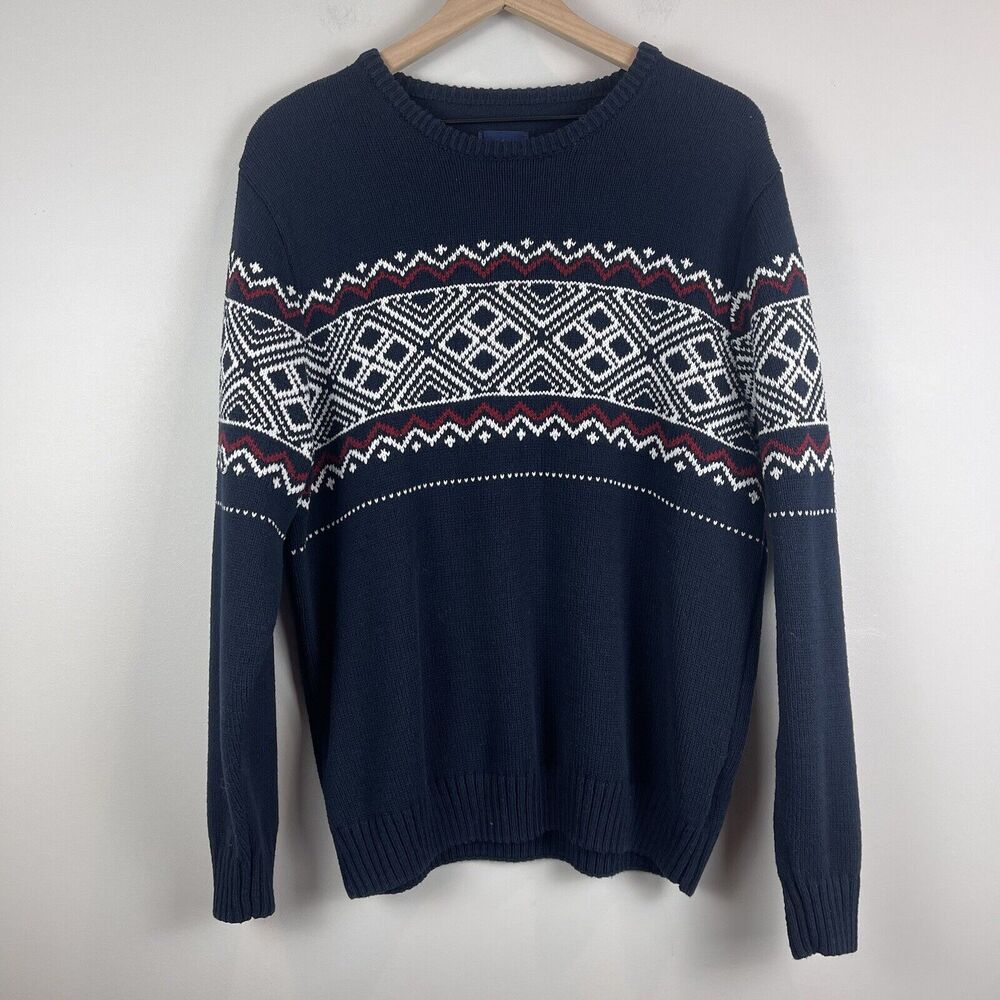 Basic Editions Mens Nordic Holiday Sweater Large Blue Fair Isle Winter Classic